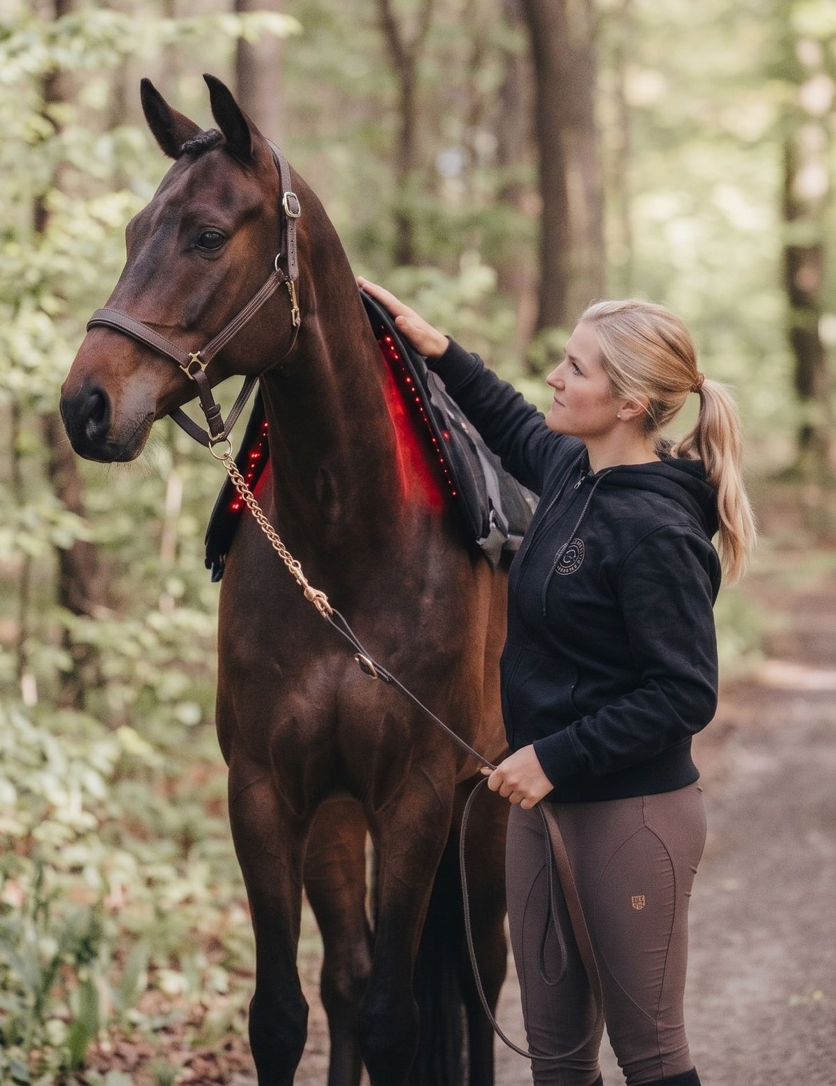 A rider in the forest lifting the panel of an LED by CHEVAL system, red light along the horse's neck